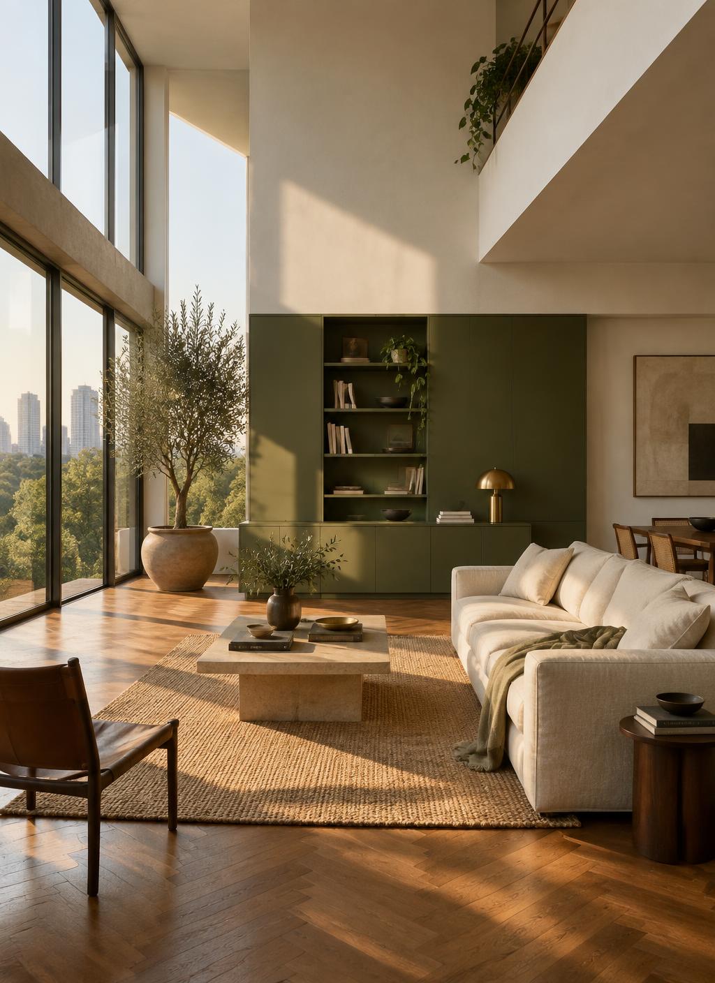 Sala de pé-direito duplo de uma casa modernista em São Paulo, com luz quente de fim de tarde